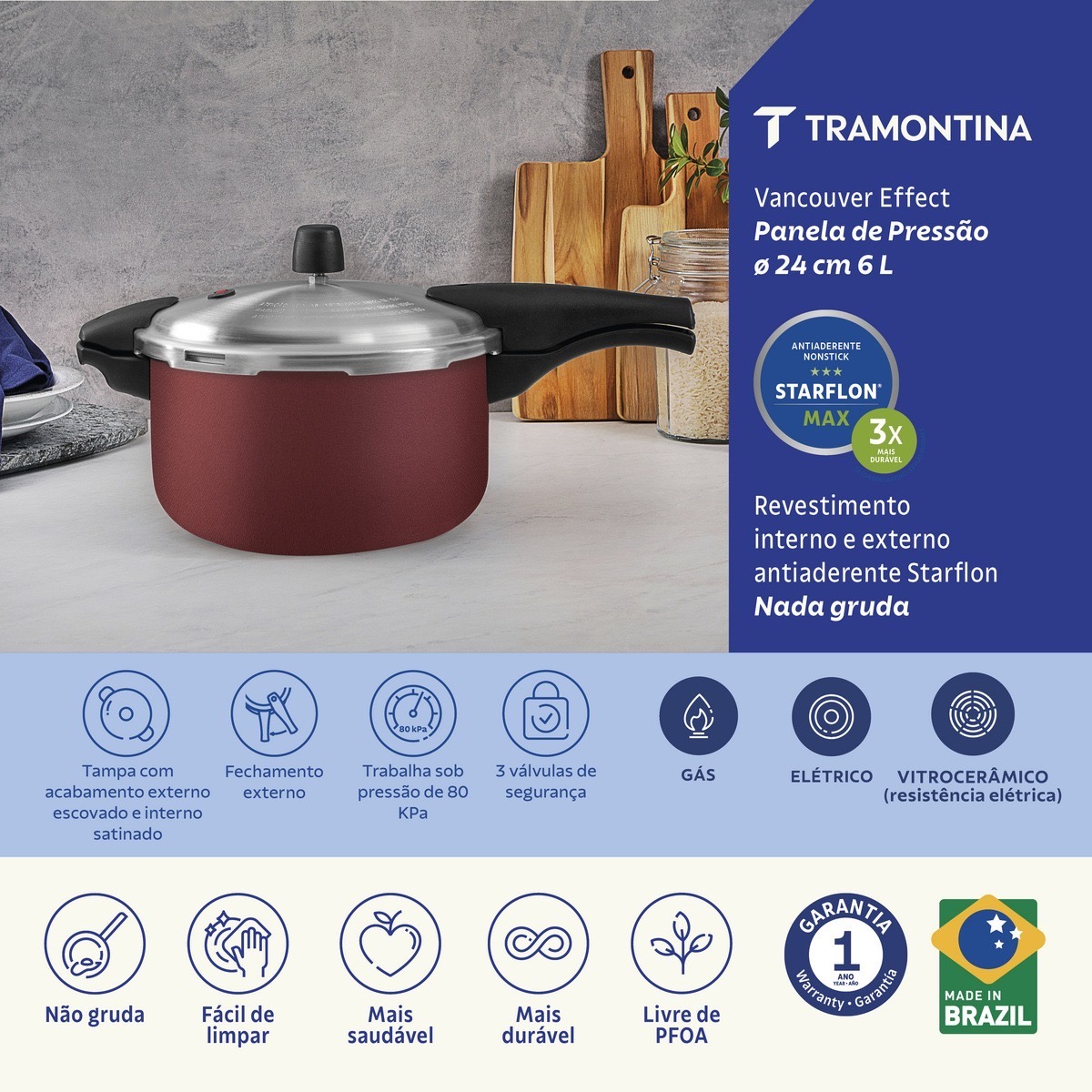Panela de Pressão Tramontina Vancouver Alumínio Antiaderente Vermelho 6,0 LITROS - imagem 6